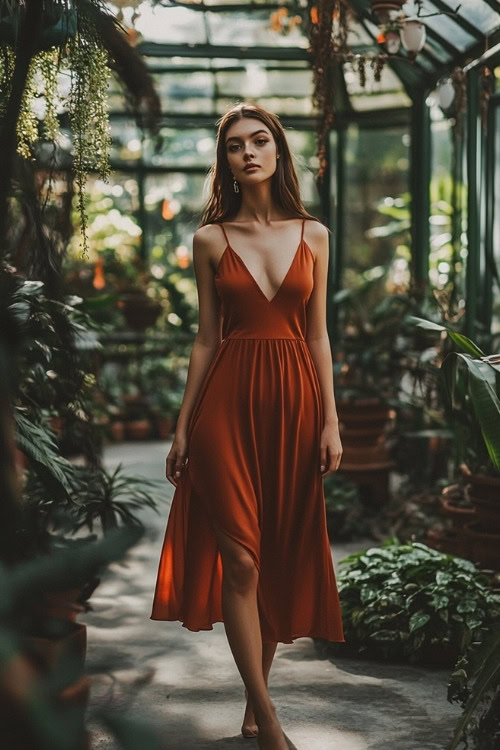 A woman wears a deep V-neck orange wedding guest dress with a flowy skirt in a greenhouse