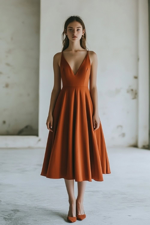 A woman wears a deep V-neck orange wedding guest dress with matching heels