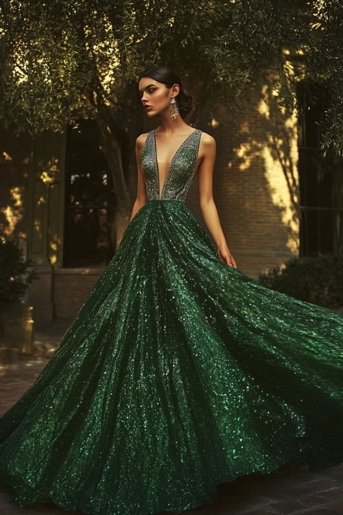 A woman wears a deep green sequin wedding guest dress with a plunging neckline and full skirt