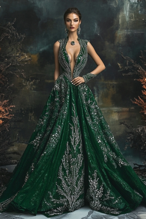 A woman wears a deep green sequin wedding guest dress with silver embroidery details