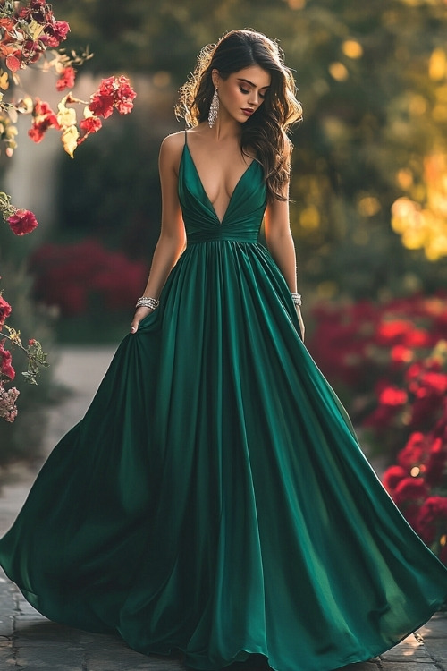 A woman wears a deep green wedding guest dress with a plunging neckline and a flowing skirt