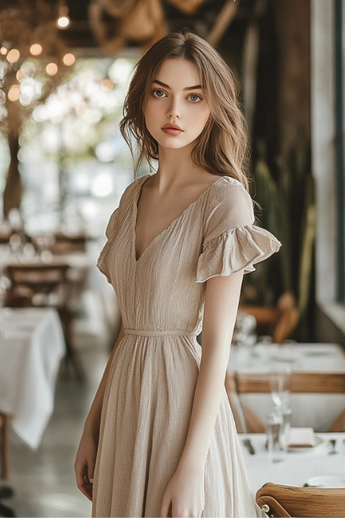 A woman wears a deep red wedding guest dress with a plunging neckline