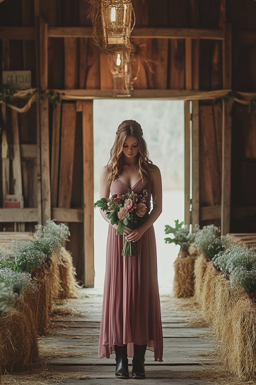 A woman wears a dusty rose wedding guest dress with black cowboy boots, holding a bouquet