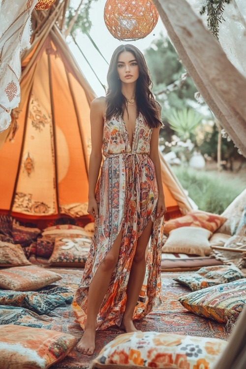 A woman wears a floral bohemian wedding guest dress with a deep V neckline and front slits