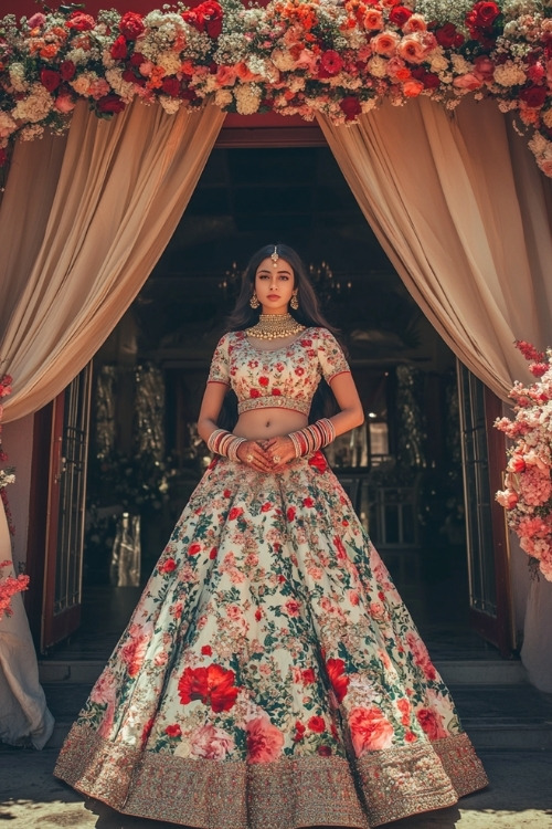 A woman wears a floral lehenga with a matching blouse and intricate embroidery as wedding guest dress