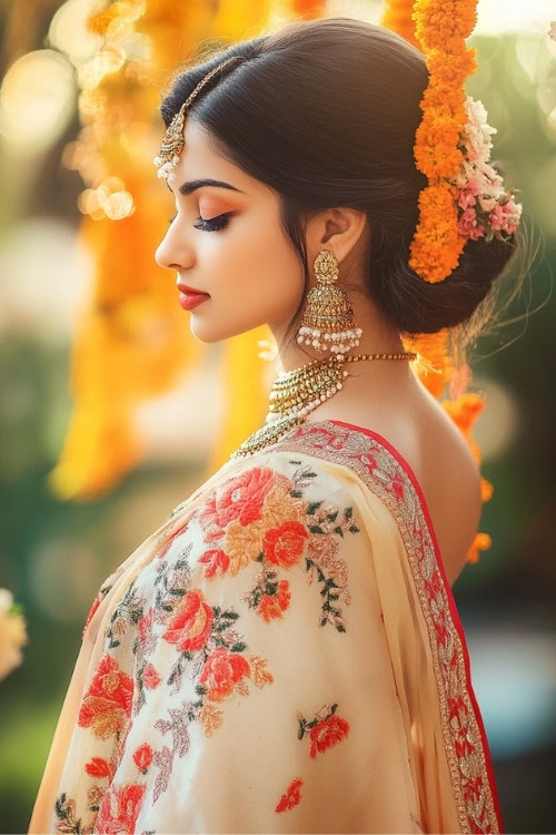 A woman wears a floral saree as wedding guest dress with a floral dupatta