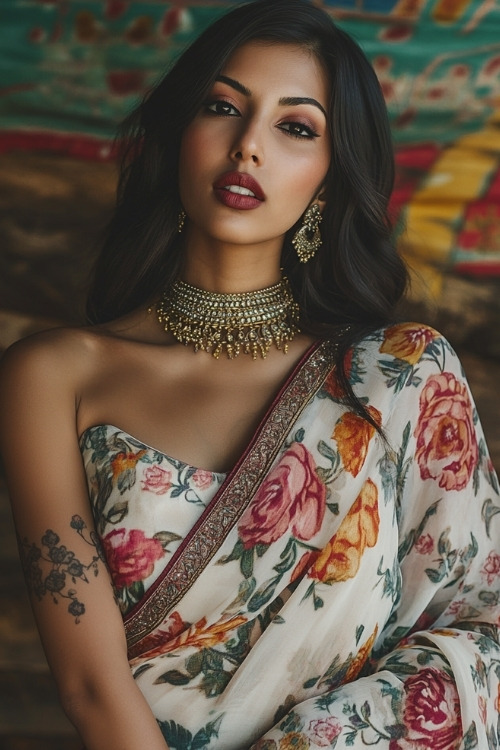 A woman wears a floral saree with a strapless blouse as wedding guest dress and statement jewelry