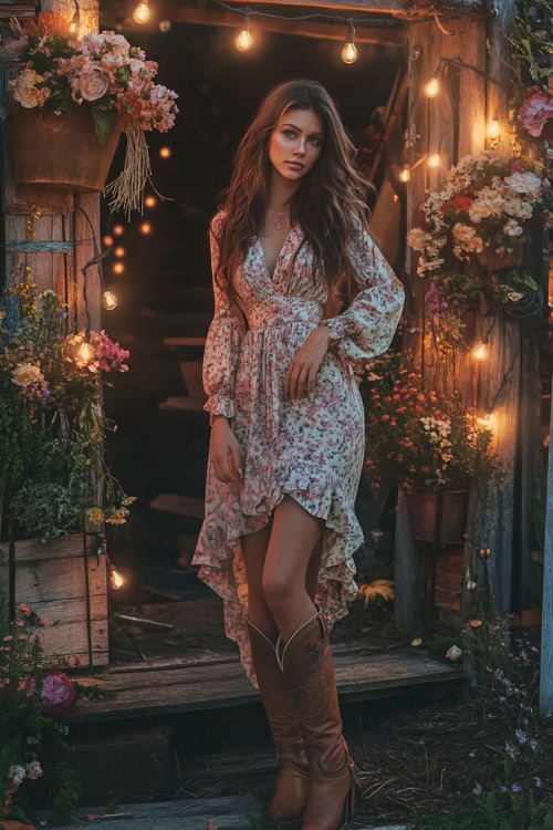 A woman wears a floral wedding guest dress with brown cowboy boots