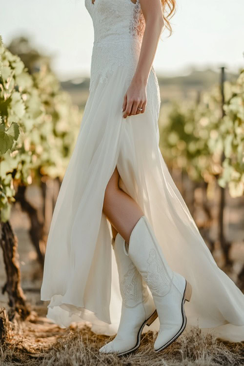 A woman wears a flowing white dress with white cowboy boots