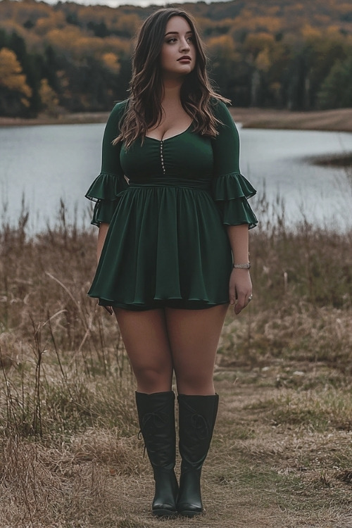 A woman wears a forest green short wedding guest dress with black boots