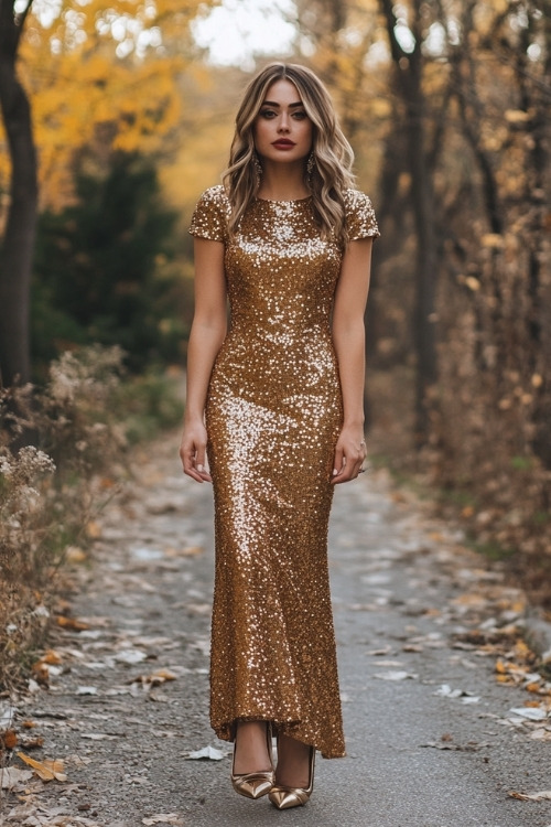 A woman wears a gold short-sleeve sequin wedding guest dress with gold heels