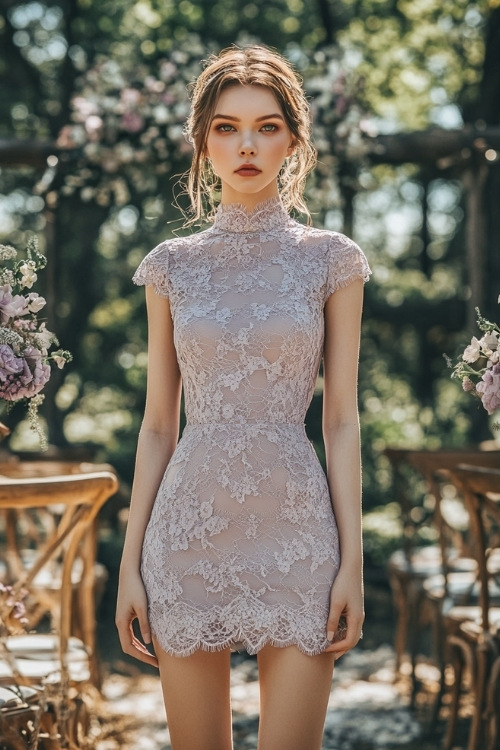 A woman wears a gray lace short wedding guest dress with short sleeves