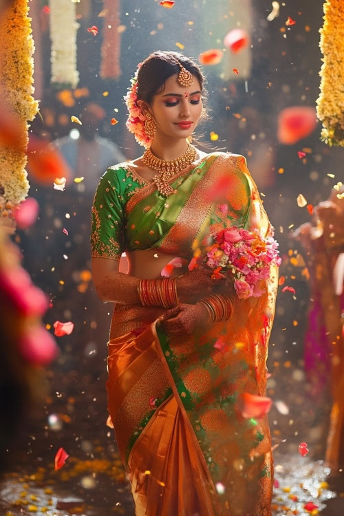 A woman wears a green and orange silk saree as wedding guest dress with intricate gold details and traditional jewelry