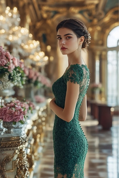 A woman wears a green lace short wedding guest dress with short sleeves