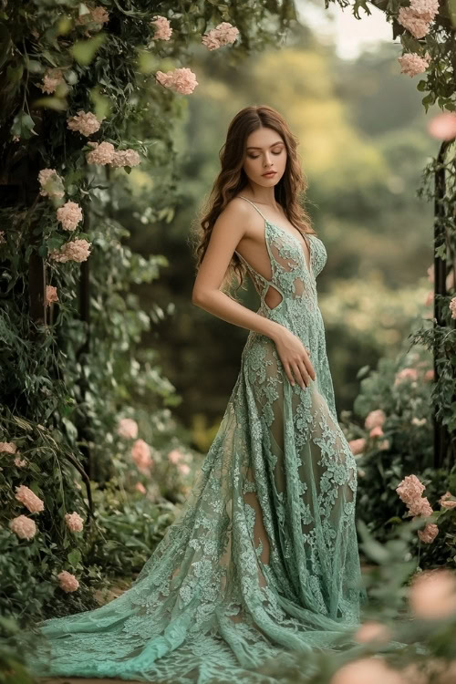 A woman wears a green lace wedding guest dress with a deep neckline and flowing skirt