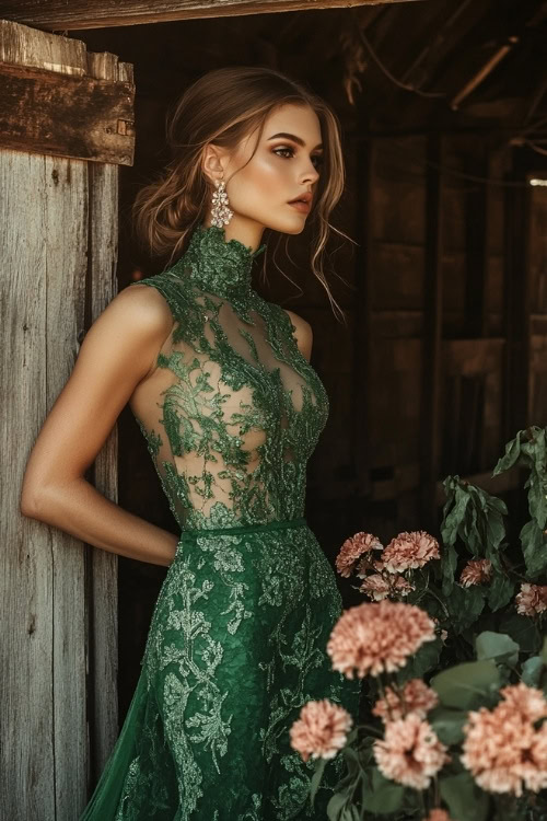 A woman wears a green lace wedding guest dress with a sheer bodice and high neckline