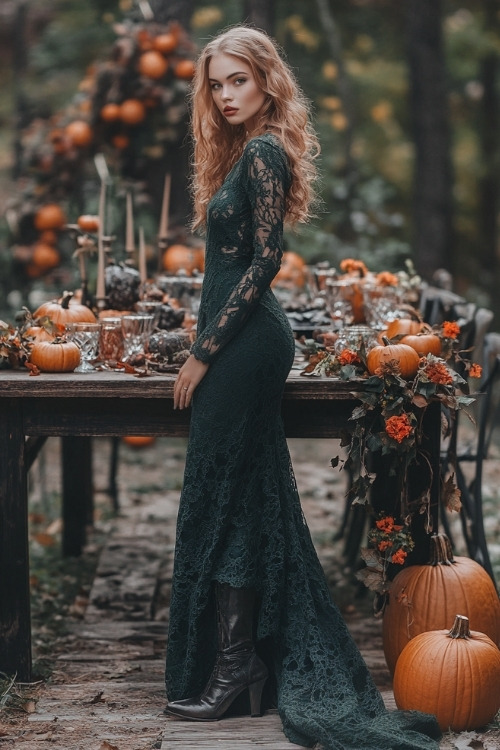 A woman wears a green lace wedding guest dress with sheer sleeves and black boots