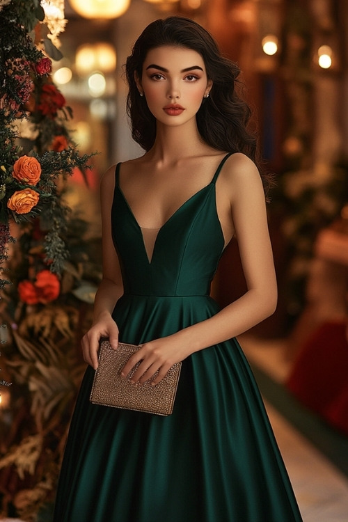 A woman wears a green satin wedding guest dress with V neckline