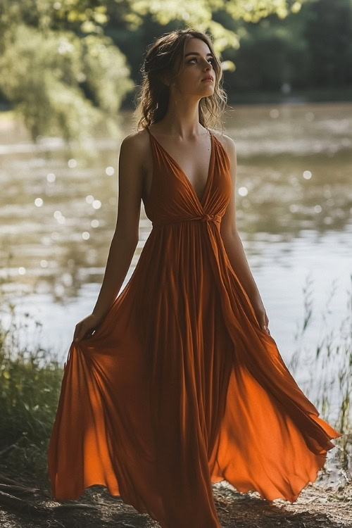 A woman wears a halter-neck orange wedding guest dress with a flowing skirt near the water