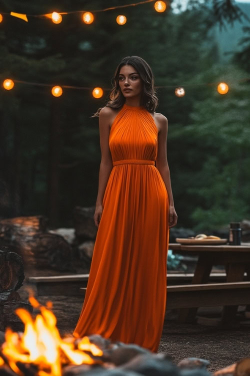 A woman wears a halter-neck orange wedding guest dress with a pleated skirt