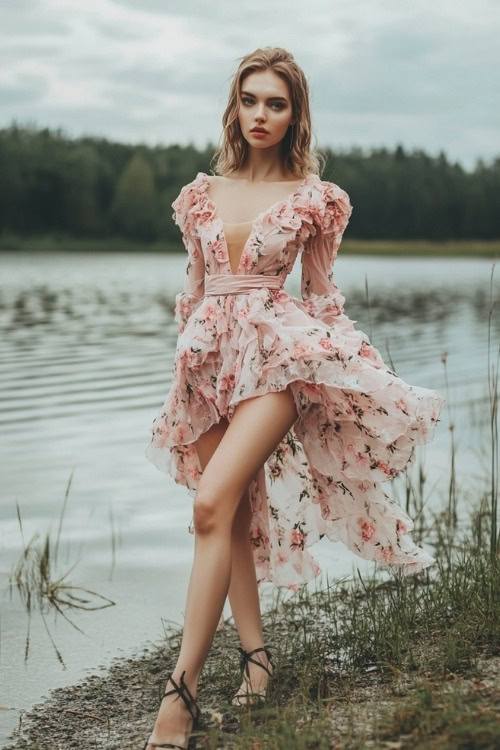 A woman wears a high-low pink floral wedding guest dress with long sleeves and black strappy heels