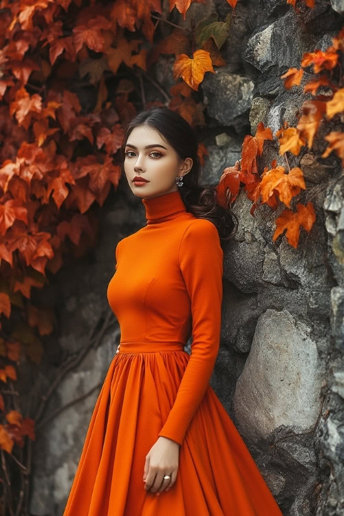 A woman wears a high-neck orange wedding guest dress with long sleeves