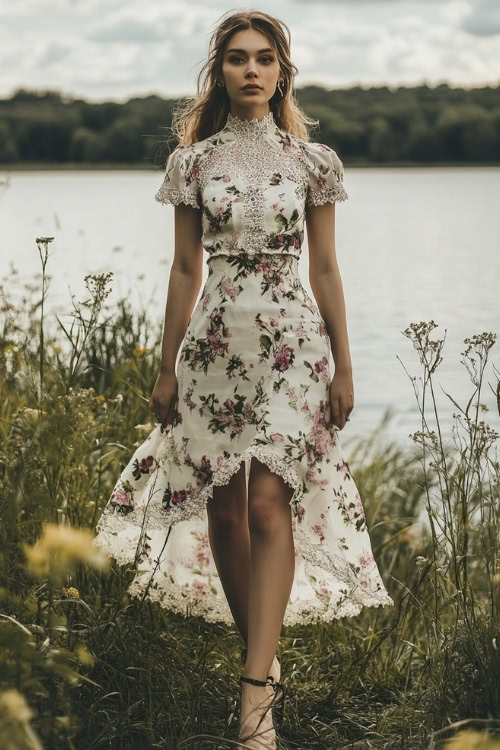 A woman wears a high-neck white floral wedding guest dress with puff sleeves and a high-low hemline