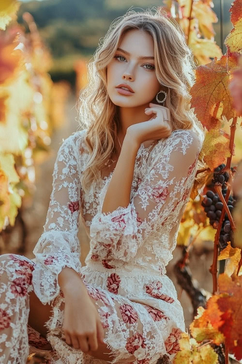 A woman wears a lace floral wedding guest dress with long sleeves and a short hemline