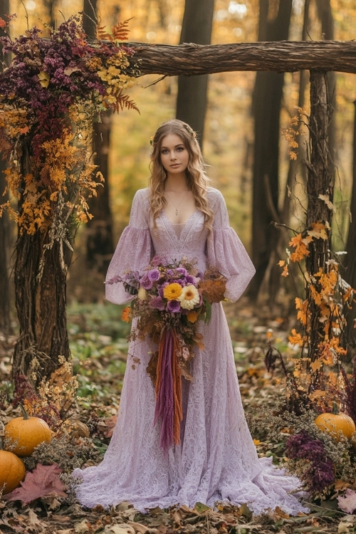 A woman wears a lavender lace wedding guest dress with balloon sleeves and a deep V neckline