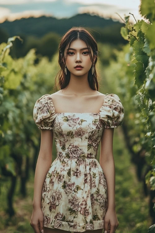 A woman wears a light beige floral wedding guest dress with puff sleeves and a square neckline