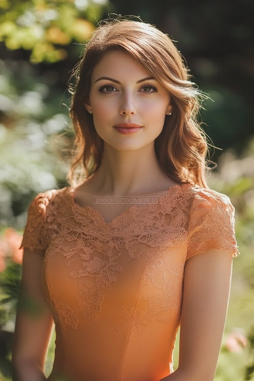 A woman wears a light orange wedding guest dress with lace detailing and short sleeves