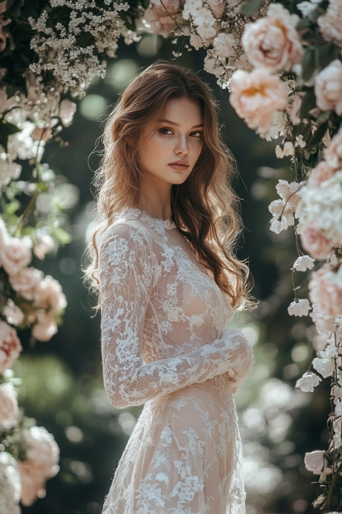 A woman wears a light pink lace wedding guest dress with long sleeves (2)