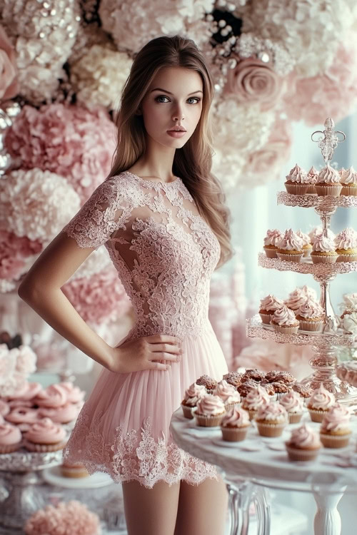 A woman wears a light pink lace wedding guest dress with short sleeves