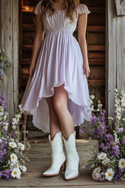 A woman wears a light purple wedding guest dress with a high-low hem and white cowboy boots