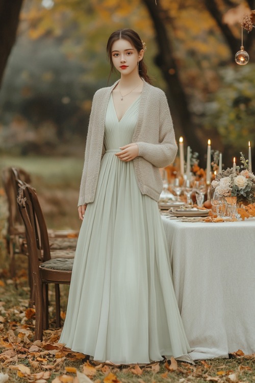 A woman wears a light sage green wedding guest dress with a V neckline and a grey cozy cardigan