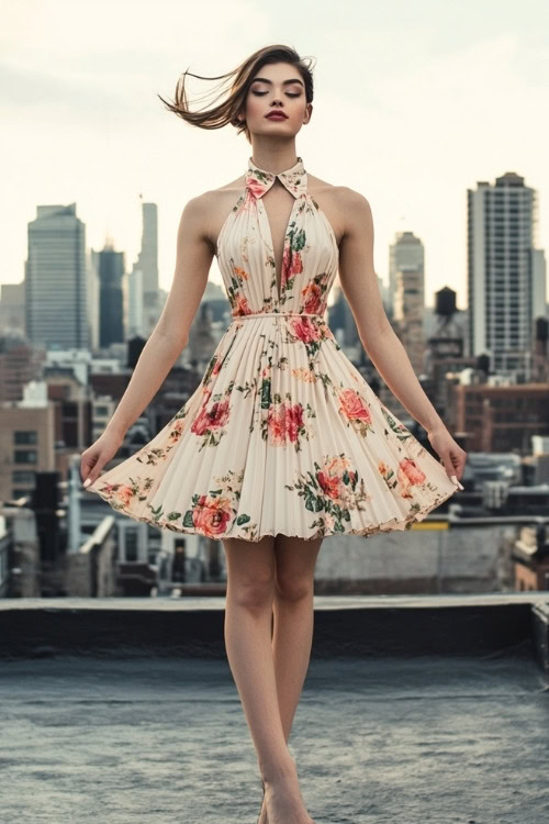 A woman wears a light yellow mini floral wedding guest dress with a keyhole neckline