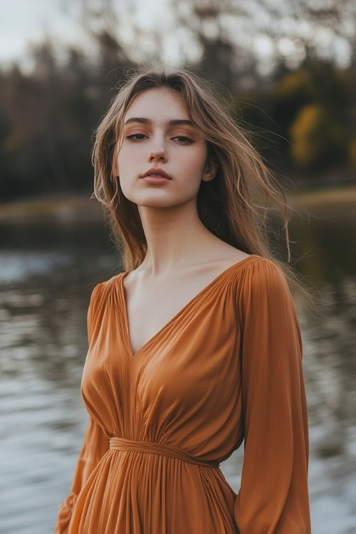 A woman wears a long-sleeve orange wedding guest dress with a gathered waist near a lake