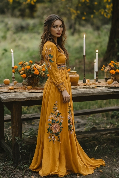 A woman wears a long-sleeve yellow wedding guest dress with floral details