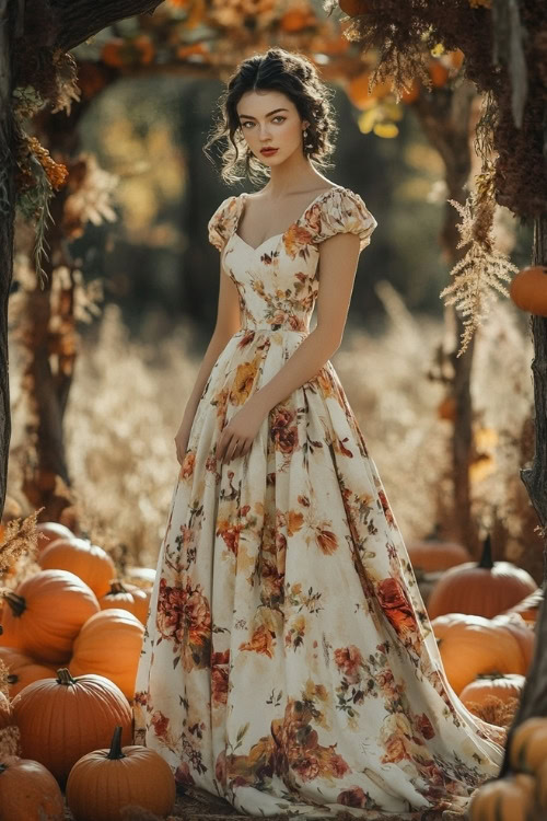 A woman wears a long white floral wedding guest dress with a sweetheart neckline