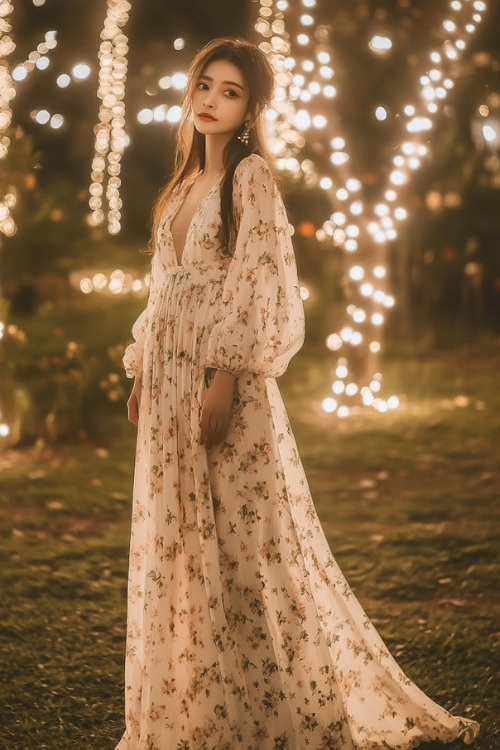 A woman wears a long white floral wedding guest dress with long sleeves and a deep V neckline