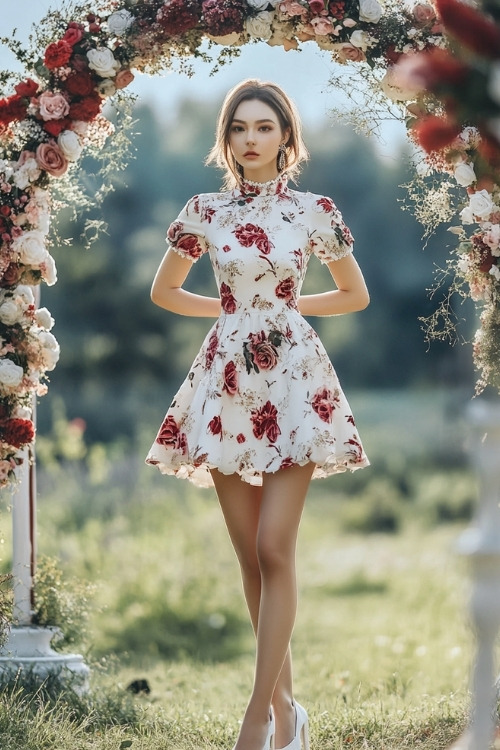 A woman wears a mini white floral wedding guest dress and a high collar