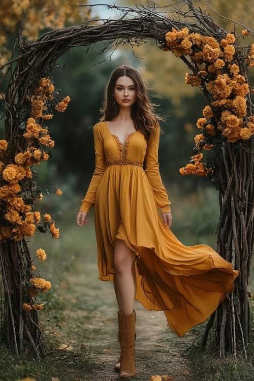 A woman wears a mustard yellow wedding guest dress with long sleeves and an asymmetrical hem