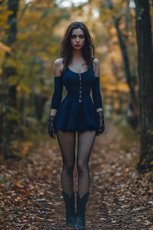 A woman wears a navy blue cold shoulder mini dress, fishnet tights, lace gloves, and black cowboy boots