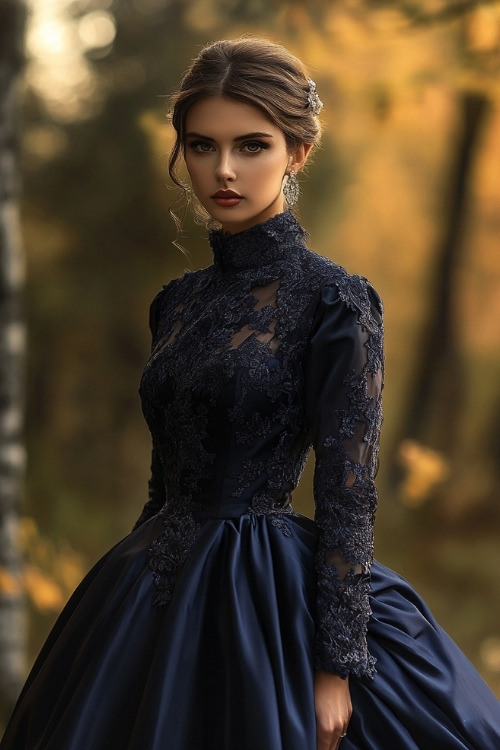 A woman wears a navy blue high-neck lace wedding guest dress with long sleeves and a full skirt