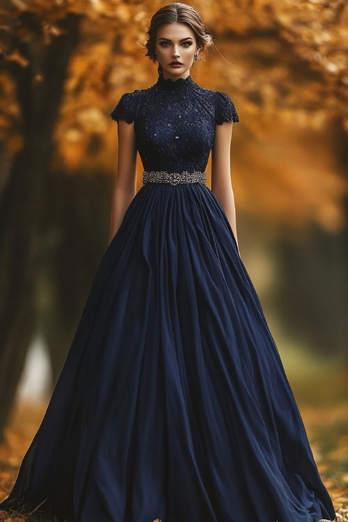 A woman wears a navy blue high-neck wedding guest dress with cap sleeves and a jeweled belt