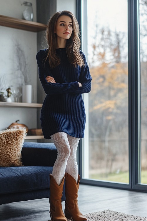 A woman wears a navy blue sweater dress, white patterned tights, and brown cowboy boots