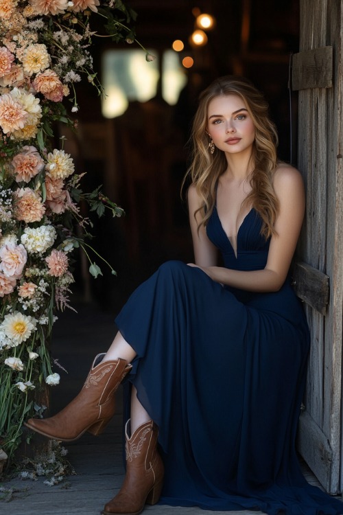 A woman wears a navy blue wedding guest dress with brown cowboy boots