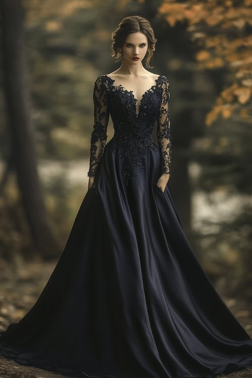 A woman wears a navy blue wedding guest dress with long lace sleeves