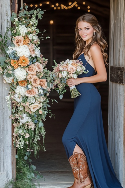 A woman wears a navy blue wedding guest dress with tan cowboy boots, holding a bouquet