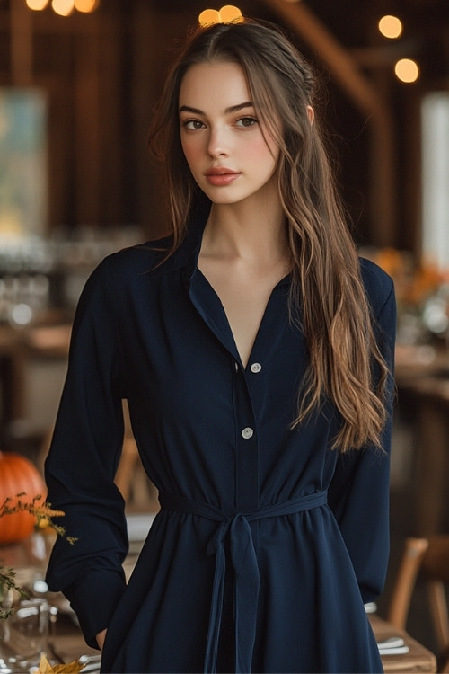 A woman wears a navy collared wedding guest dress with a waist tie and long sleeves